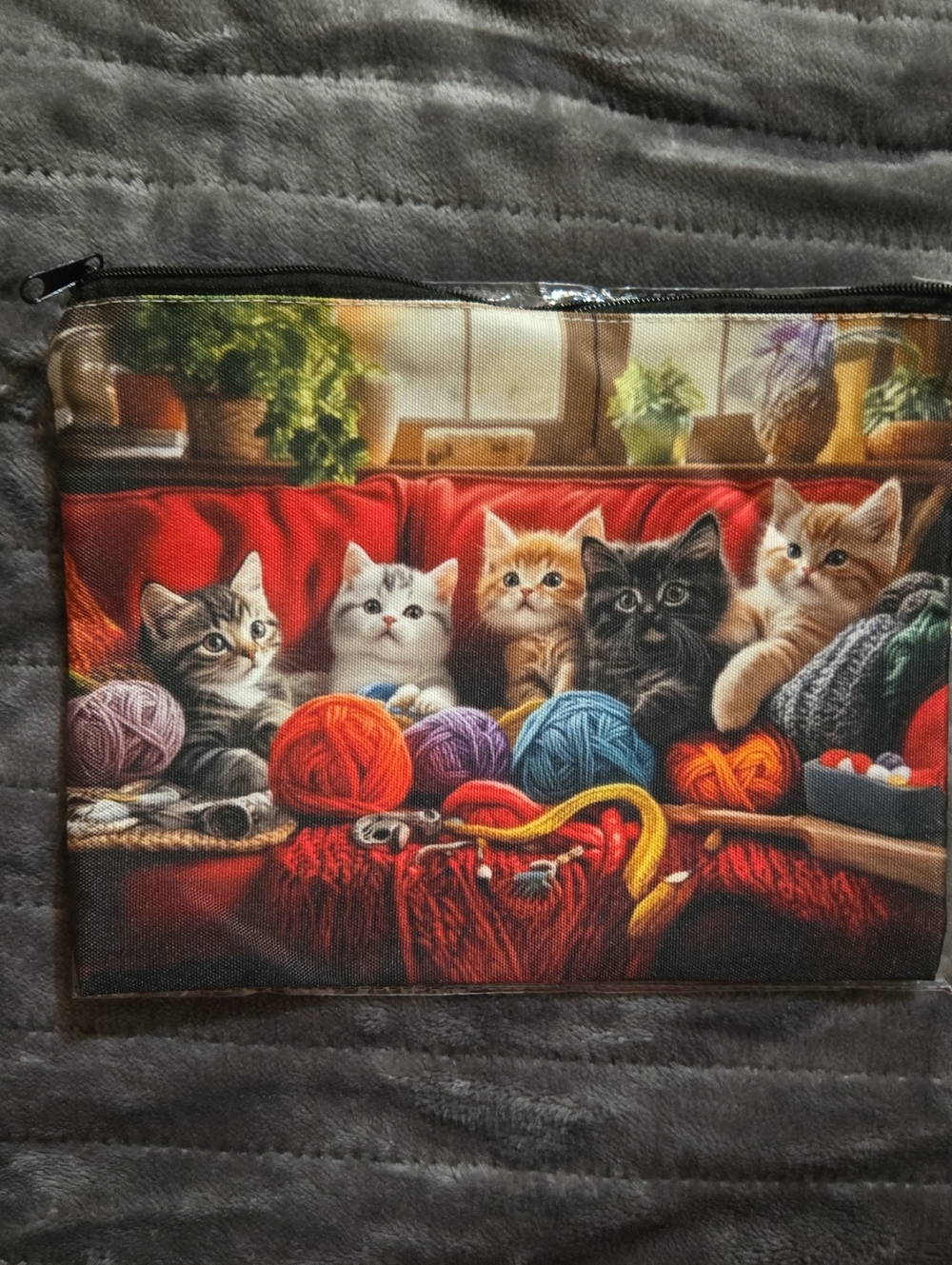 Canvas Zipper Pouch Featuring Cats On A Red Sofa - Picture 2 of 3